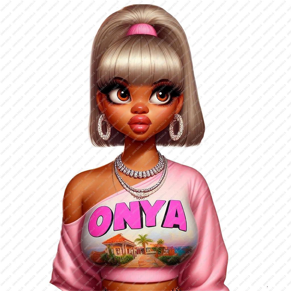 Illustration of a character wearing a pink sweatshirt with 'ONYA' and a graphic design on a white background