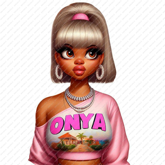 Illustration of a character wearing a pink sweatshirt with 'ONYA' and a graphic design on a white background