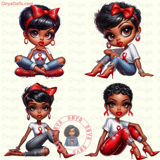 Cartoon character with red hair bow and AIDS ribbon on a light background