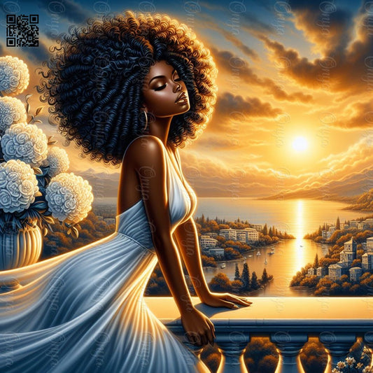 High-resolution PNG of a natural-haired melanin woman relaxing on a balcony during vacation, perfect for wellness and travel-themed projects.

