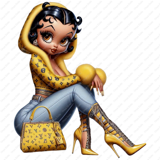 Afro Betty Boop styled as Baddie Boo wearing a yellow fur-trimmed hoodie, ripped jeans, yellow high heels, and holding a matching designer handbag. Transparent PNG.
