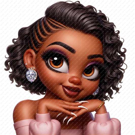 Cartoon character with stylized hair and jewelry on a white background