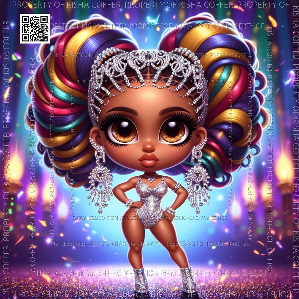 Melanin ONYA Doll dressed in colorful Mardi Gras attire with feathers and beads, celebrating festively. High-resolution PNG with transparent background, perfect for holiday crafts and designs.
