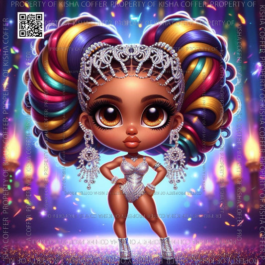 Melanin ONYA Doll dressed in colorful Mardi Gras attire with feathers and beads, celebrating festively. High-resolution PNG with transparent background, perfect for holiday crafts and designs.
