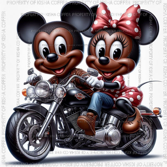 Melanin woman wearing mouse ears and stylish biker gear, riding a motorcycle with attitude. High-resolution PNG with transparent background for crafts, shirts, and digital designs.
