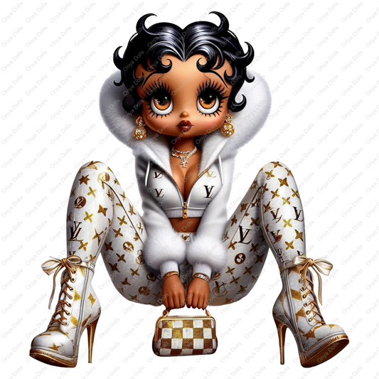 High-resolution PNG of Afro Betty Boop styled as Baddie Boo with matching tumbler wrap, perfect for sublimation, mugs, planners, and fashion crafts.
