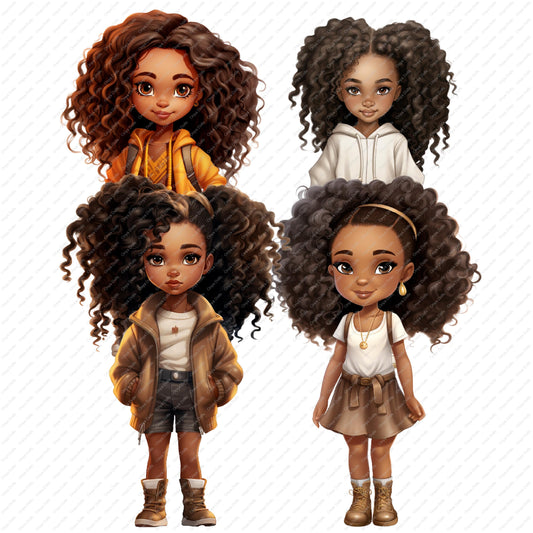 Bundle of melanin teen girl digital dolls in princess gowns and fashionable outfits. High-resolution PNGs with transparent backgrounds for sublimation, planners, tumblers, and crafts.
