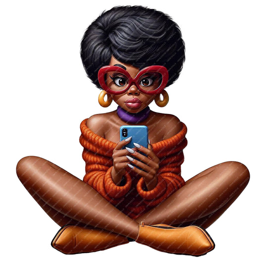 Illustration of a woman sitting cross-legged, wearing sunglasses and an orange sweater, using a phone.