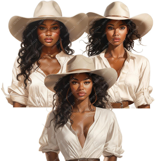 Onya Country Cowgirl PNG – Melanin queen in western-inspired cowgirl outfit, perfect for sublimation, DTF, Cricut, planners, and tumbler wraps.
