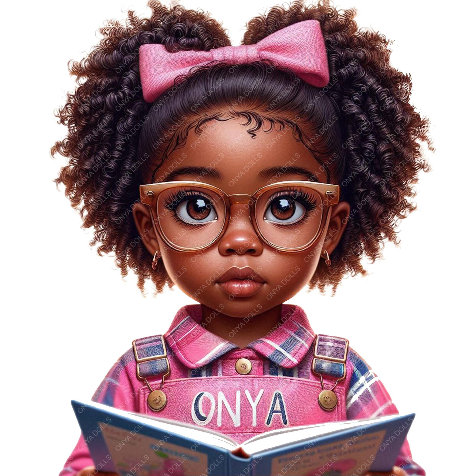 Illustration of a young girl with glasses and a pink bow, holding a book with 'ONYA' on the cover.