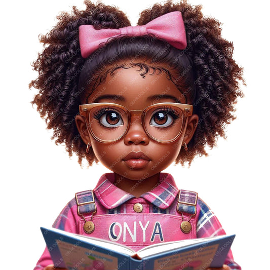 Illustration of a young girl with glasses and a pink bow, holding a book with 'ONYA' on the cover.