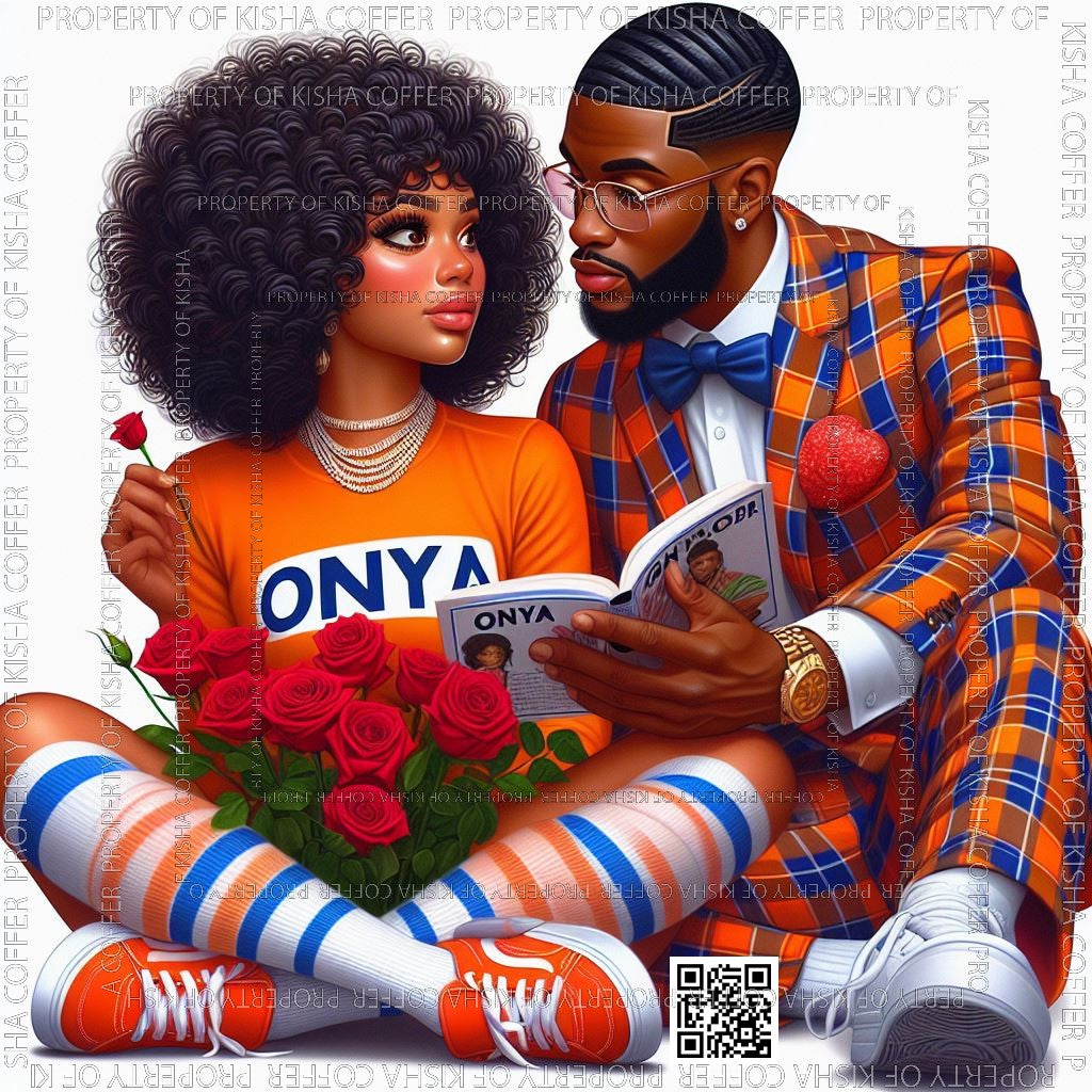 Stylish melanin couple sitting closely. The woman wears an orange ONYA outfit with striped socks and sneakers, holding red roses. The man is in a blue and orange plaid suit, reading a book aloud. A romantic and fashionable scene, perfect for Valentine's Day or Black love themes.
