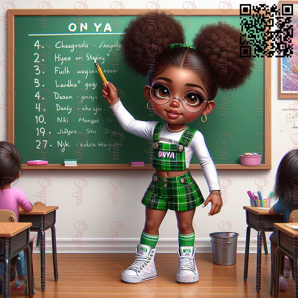 High-resolution PNG of Onya Doll styled as a teacher, wearing classroom attire and standing confidently. Transparent background, perfect for school-themed sublimation projects.
