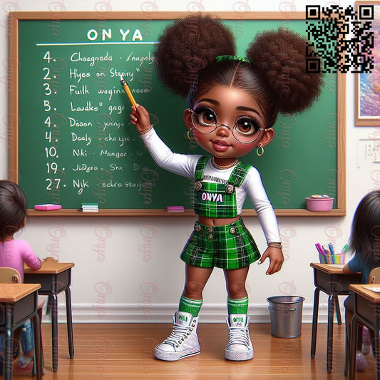 High-resolution PNG of Onya Doll styled as a teacher, wearing classroom attire and standing confidently. Transparent background, perfect for school-themed sublimation projects.
