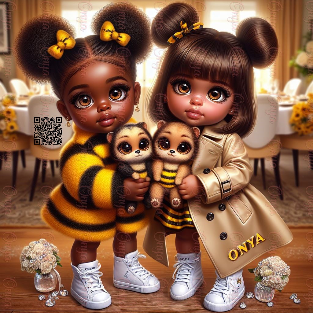 Adorable melanin children dressed in yellow and black bumble bee outfits, posing playfully with happy expressions. Designed in a high-quality cartoon style, perfect for children’s crafts and decor.
