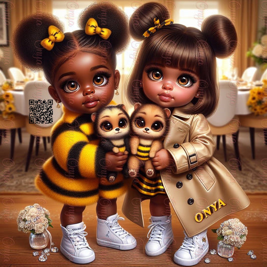 Adorable melanin children dressed in yellow and black bumble bee outfits, posing playfully with happy expressions. Designed in a high-quality cartoon style, perfect for children’s crafts and decor.
