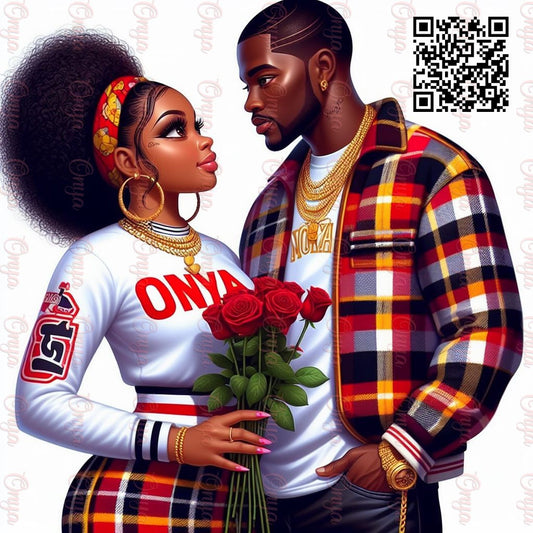 High-resolution PNG of a stylish melanin-rich couple sharing a romantic Valentine’s Day moment. Transparent background, perfect for love-themed sublimation projects.
