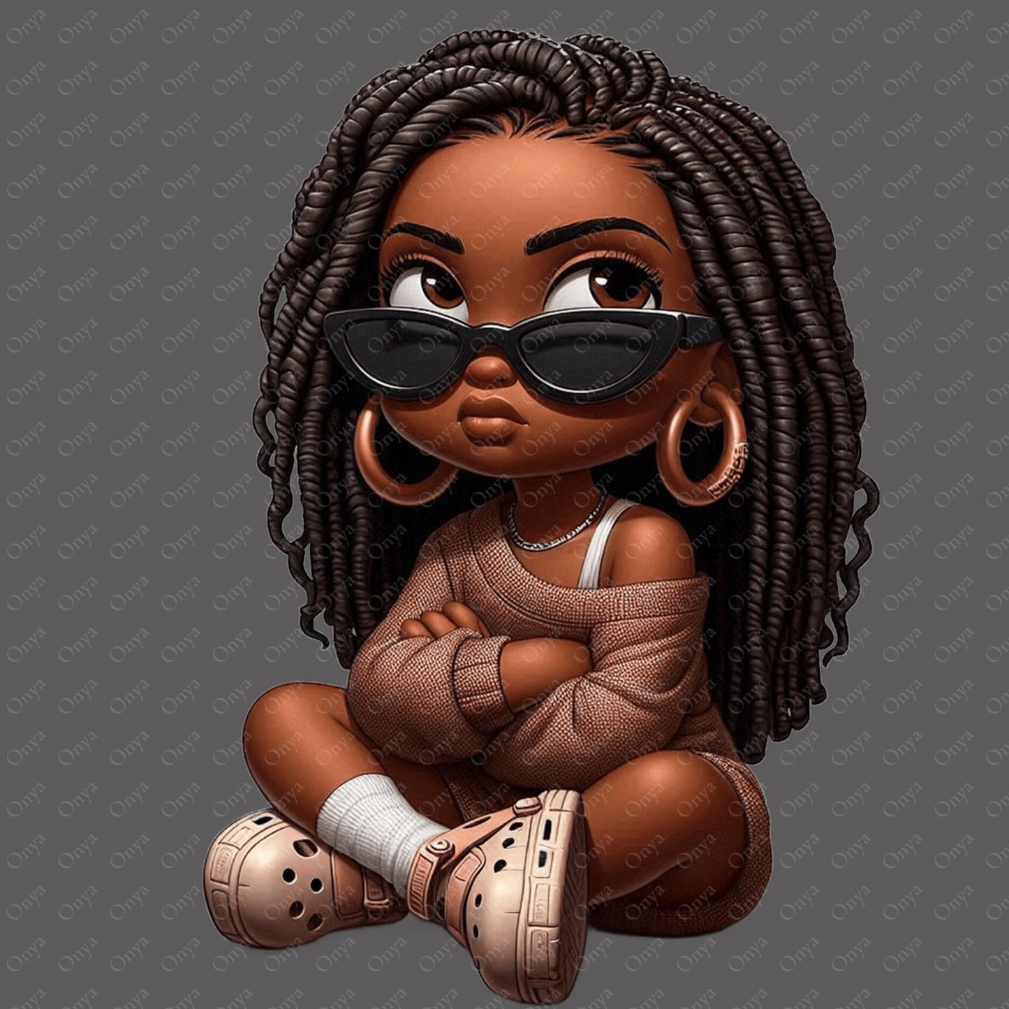Illustration of a child with braided hair wearing sunglasses and sitting cross-legged on a dark background.