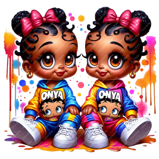 Two animated characters in colorful outfits with 'Onya' branding on a multicolored background.