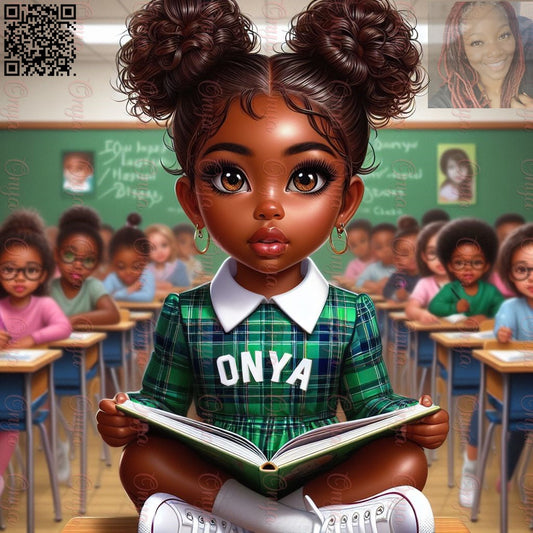 High-resolution PNG of a melanin-rich girl seated in class with school attire. Transparent background, perfect for educational and planner-themed sublimation projects.

