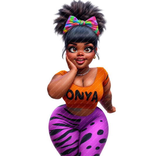 Animated character with colorful hair and outfit on a white background