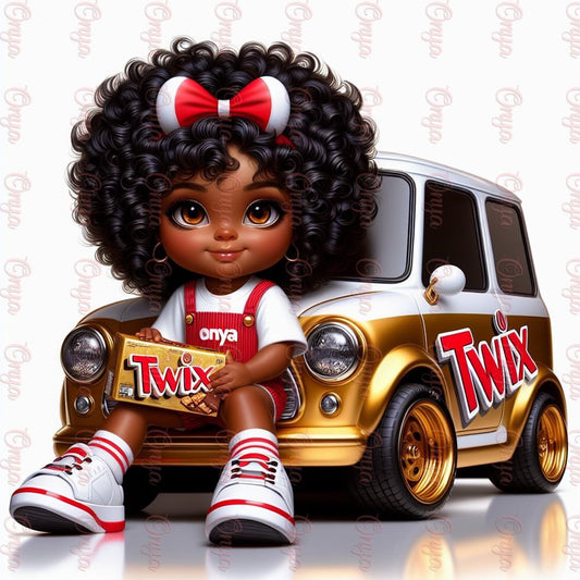 Melanin child smiling while holding a Twixx candy bar. High-resolution PNG with transparent background for planners, kids' crafts, and sublimation designs.
