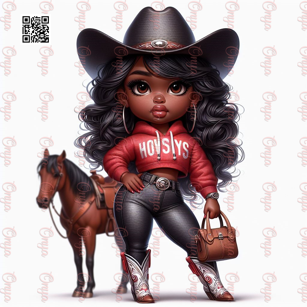 High-resolution PNG of ONYA Digital Doll dressed in Western cowgirl attire with boots and hat. Transparent background, perfect for sublimation and country-themed designs.
