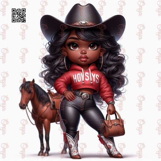 High-resolution PNG of ONYA Digital Doll dressed in Western cowgirl attire with boots and hat. Transparent background, perfect for sublimation and country-themed designs.
