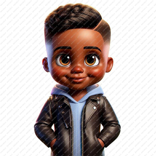 Cartoon character of a boy wearing a leather jacket on a white background