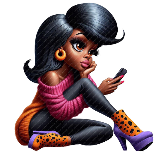 Illustration of a stylish woman sitting and using a phone on a white background