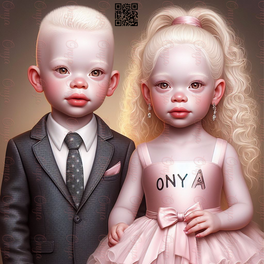 Two fraternal albino melanin babies sitting side by side, smiling with distinct features and light hair. High-resolution PNG with transparent background for nursery and kids' crafts.
