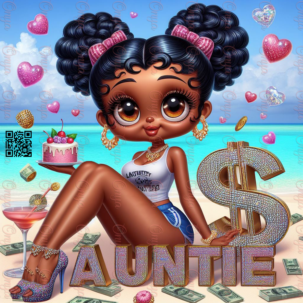 Elegant melanin digital character styled as a fashionable rich auntie with confidence and glam. High-resolution PNG for sublimation and lifestyle-themed designs.

