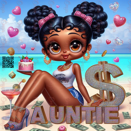 Elegant melanin digital character styled as a fashionable rich auntie with confidence and glam. High-resolution PNG for sublimation and lifestyle-themed designs.

