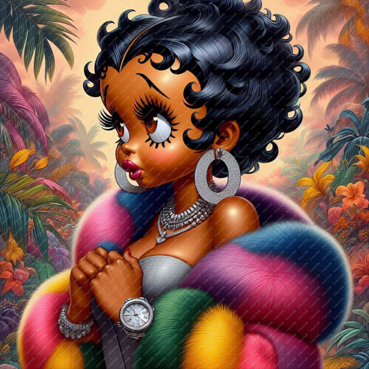 High-resolution PNG of a melanin-rich Black Betty Boop styled as a baddie, perfect for sublimation crafts, apparel, mugs, and planners.
