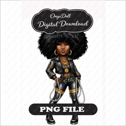 Black woman with afro hairstyle wearing a black and gold biker leather outfit in a confident rocker pose
