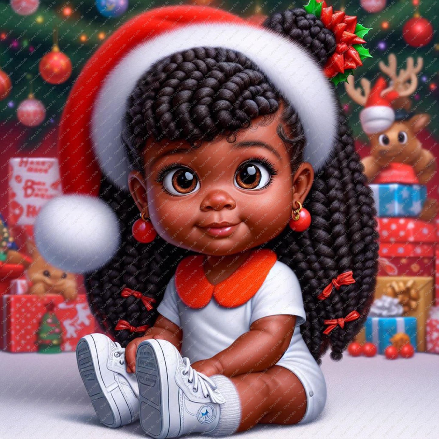 Black baby girl wearing a Santa hat with braids sitting among Christmas gifts in a digital illustration
