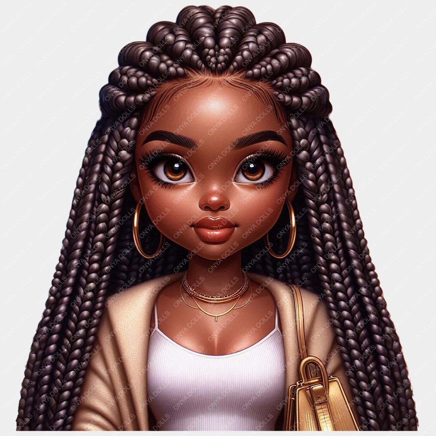 Black woman with long box braids wearing gold hoop earrings in a digital portrait illustration
