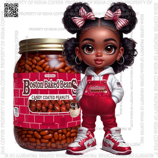 Melanin child digital doll smiling while enjoying a plate of baked beans, styled in a playful and joyful cartoon look. High-resolution PNG perfect for food-themed and kids' designs.
