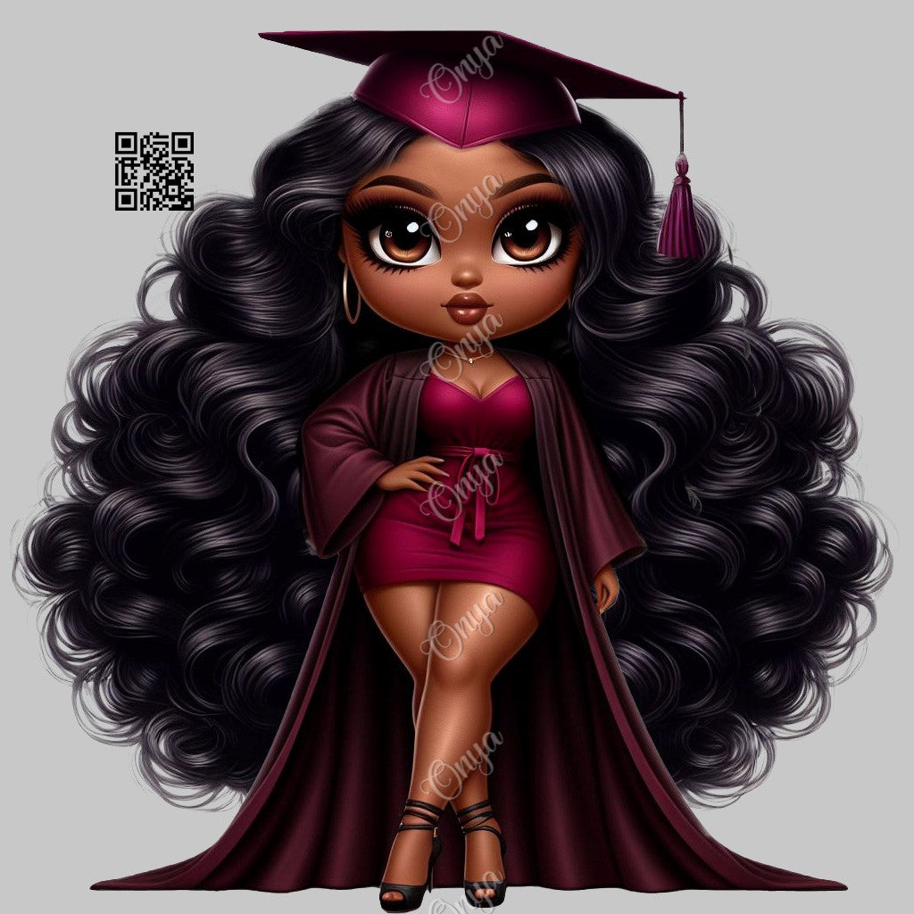 High-resolution PNG of a melanin-rich woman in a burgundy graduation cap and gown, perfect for senior crafts, invitations, and apparel designs.
