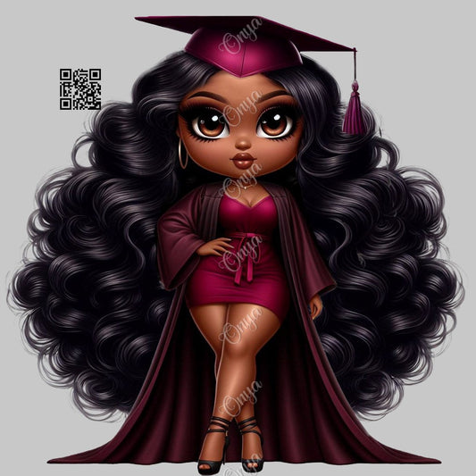 High-resolution PNG of a melanin-rich woman in a burgundy graduation cap and gown, perfect for senior crafts, invitations, and apparel designs.
