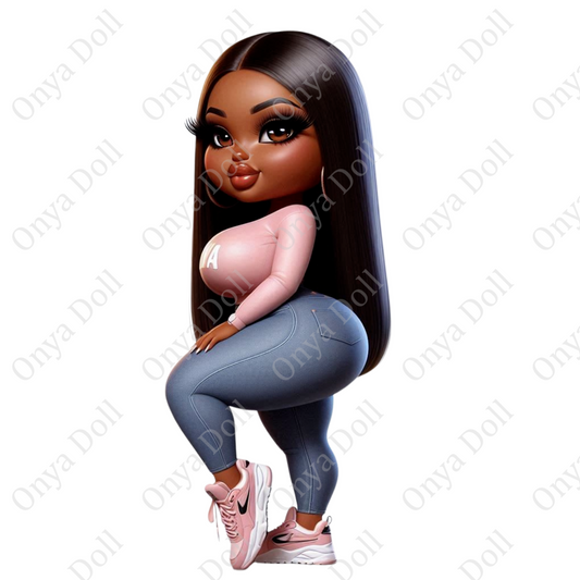 A digital illustration of a stylish African American woman standing confidently in a bold, baddie pose. She has melanin-rich skin, trendy fashion, and a fierce attitude. The high-resolution PNG has a transparent background, ideal for sublimation, planners, and creative digital projects.
