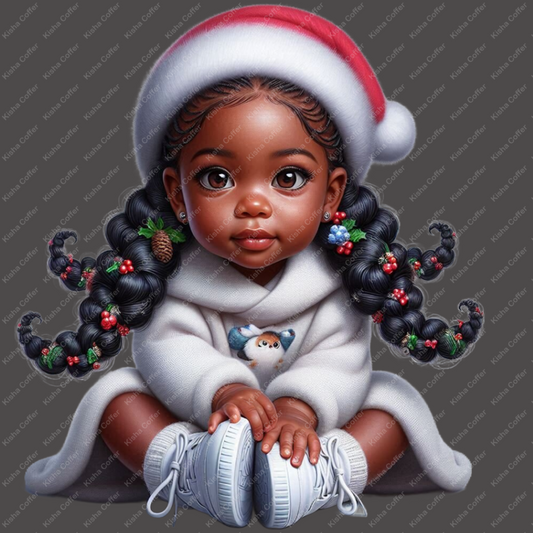 High-resolution PNG of a melanin baby girl dressed as a Christmas princess, perfect for holiday crafts, kids’ shirts, cards, and seasonal designs.
