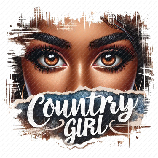 Close-up illustration of Black woman eyes with Country Girl text in rustic grunge style
