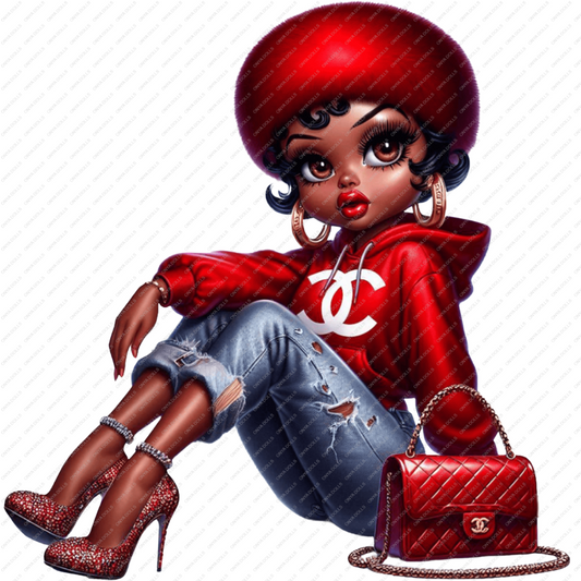 High-resolution PNG of a melanin woman styled like Betty Boop wearing a red outfit, perfect for fashion-themed crafts, shirts, and sublimation.
