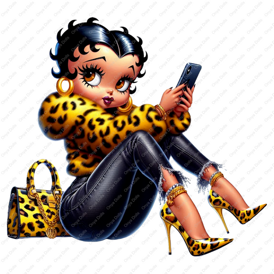 High-resolution PNG of Betty Boop wearing a yellow leopard print jacket and holding a matching purse, ideal for fashion sublimation and crafts.
