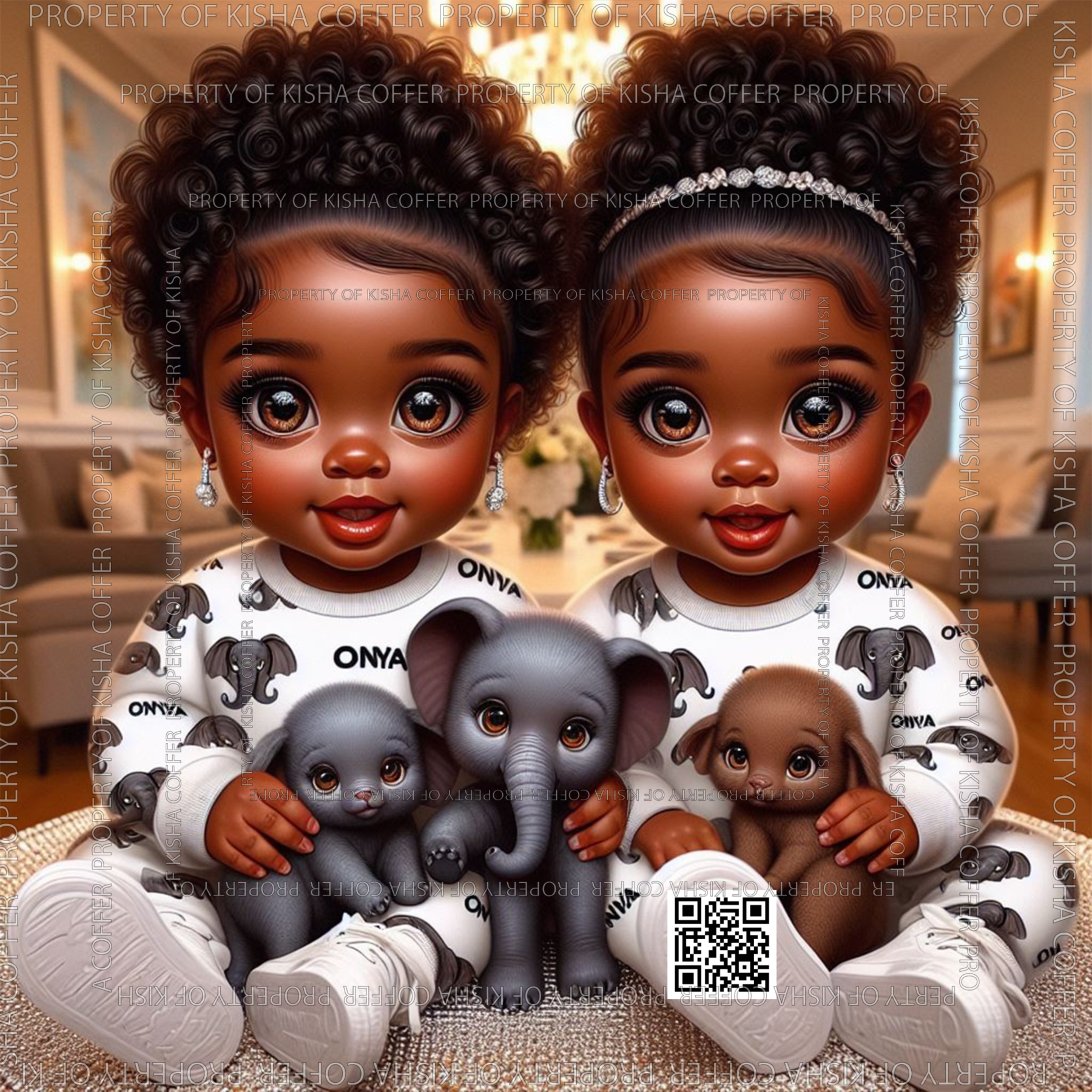 High-resolution PNG of a melanin-rich baby girl holding an elephant plush toy. Transparent background, ideal for nursery and baby-themed sublimation designs.
