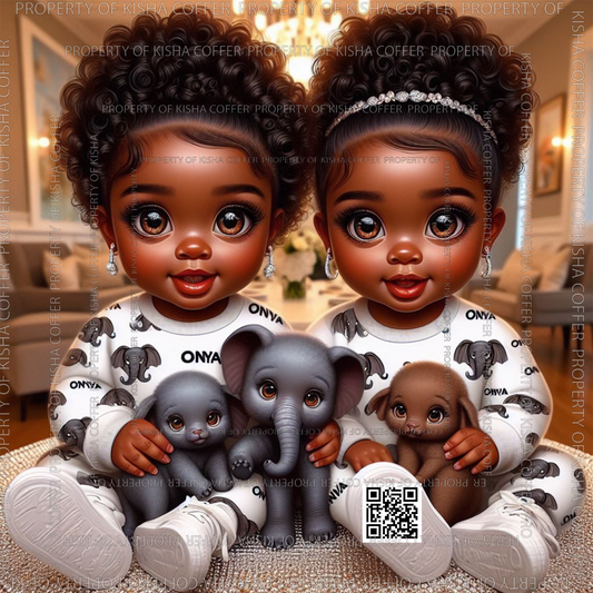 High-resolution PNG of a melanin-rich baby girl holding an elephant plush toy. Transparent background, ideal for nursery and baby-themed sublimation designs.
