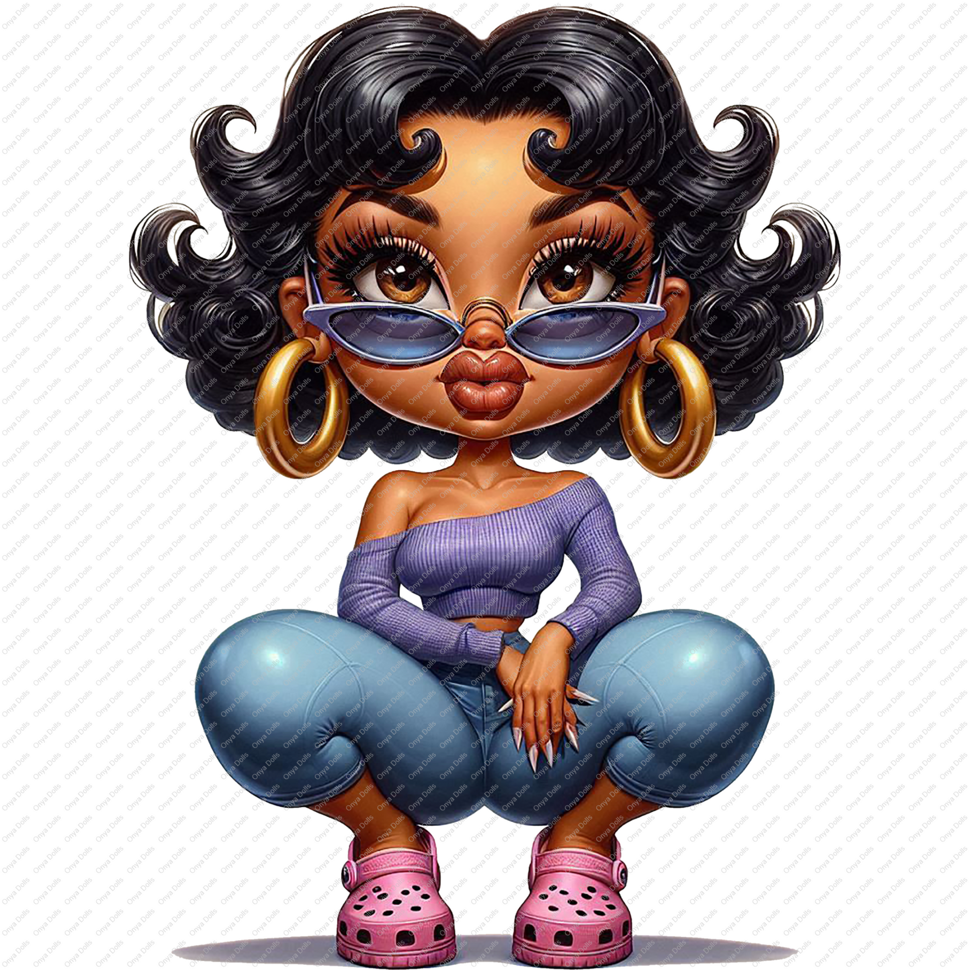 Afro Betty Boop-inspired character squatting confidently in a purple off-shoulder blouse, light blue jeans, sunglasses, gold hoops, and pink Crocs. High-resolution PNG with transparent background.
