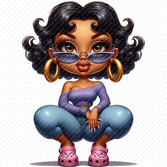Afro Betty Boop-inspired character squatting confidently in a purple off-shoulder blouse, light blue jeans, sunglasses, gold hoops, and pink Crocs. High-resolution PNG with transparent background.

