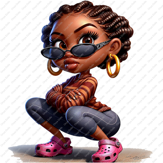 High-resolution PNG of an Onya Doll cutie with long braids and pink Crocs, featuring a confident pose and casual-chic vibe. Transparent background.
